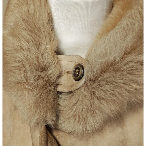 Leder Fischer Shearling Coat Womens Small Tan Suede Hooded Fur Trim Belted Long - Picture 7 of 16